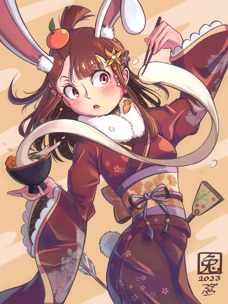 Anime picture 1920x2560 with little witch academia studio trigger kagari atsuko madabau single long hair tall image highres open mouth red eyes brown hair signed animal ears tail traditional clothes japanese clothes animal tail bunny ears one side up floral print