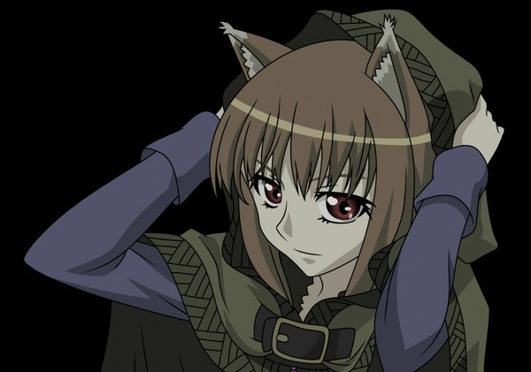 Anime picture 2000x1406 with spice and wolf horo single long hair highres red eyes brown hair animal ears black background arms behind head wolf ears wolf girl girl hood cloak