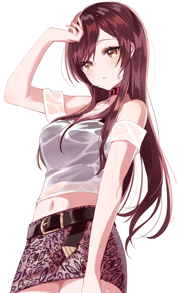 Anime picture 1225x2000 with idolmaster idolmaster shiny colors oosaki amana sinsihukunokonaka single long hair tall image looking at viewer blush fringe breasts simple background hair between eyes brown hair standing white background bare shoulders yellow eyes arm up off shoulder