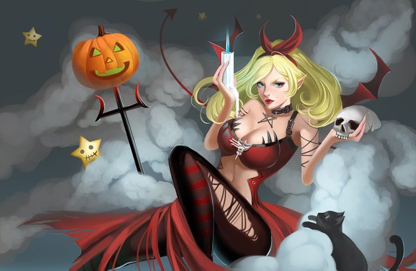 Anime picture 1269x827 with original long5009 single long hair looking at viewer breasts blue eyes light erotic blonde hair tail lips pointy ears realistic mole halloween demon tail girl animal wings cat
