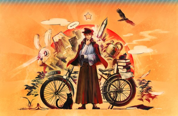 Anime picture 1300x853 with uroko (mnr) short hair smile red hair japanese clothes clothes on shoulders boy hat animal bird (birds) star (symbol) book (books) cat bunny motorcycle