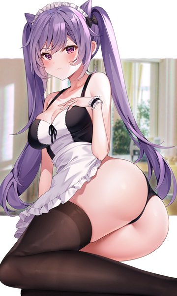 Anime picture 2400x4000 with genshin impact keqing (genshin impact) reel (riru) single long hair tall image looking at viewer blush fringe highres breasts light erotic hair between eyes sitting purple eyes twintails bare shoulders payot cleavage purple hair