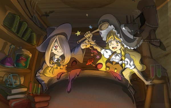 Anime picture 3281x2074 with little witch academia touhou studio trigger kirisame marisa sucy manbavaran joeychen long hair fringe highres open mouth blonde hair smile red eyes multiple girls yellow eyes absurdres long sleeves hair over one eye short sleeves puffy sleeves