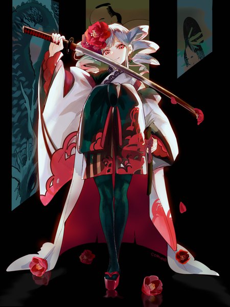 Anime picture 3072x4096 with original poireau 13 single long hair tall image looking at viewer highres smile red eyes twintails absurdres silver hair full body traditional clothes japanese clothes hair flower drill hair girl flower (flowers) weapon
