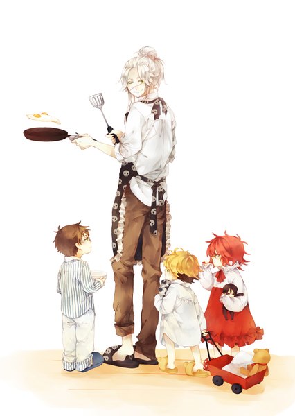 Anime picture 1332x1874 with kuroshitsuji a-1 pictures grell sutcliff undertaker william t. spears ronald knox tall image short hair simple background blonde hair smile white background green eyes white hair red hair cooking boy glasses food shoes