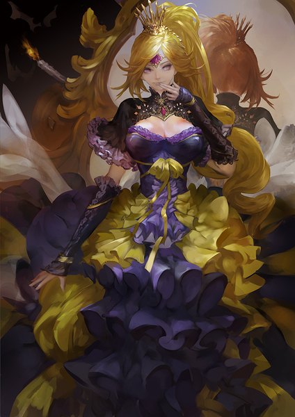 Anime picture 707x1000 with puzzle & dragons kali (p&d) youshun (naturaljuice) single long hair tall image breasts blonde hair smile brown hair large breasts standing purple eyes looking away cleavage ponytail from behind finger to mouth different reflection girl