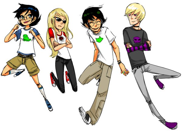 Anime picture 1280x933 with homestuck dave strider jade harley john egbert rose lalonde slipstreamborne long hair blush short hair open mouth blue eyes black hair simple background blonde hair smile white background eyes closed pink eyes crossed arms jumping