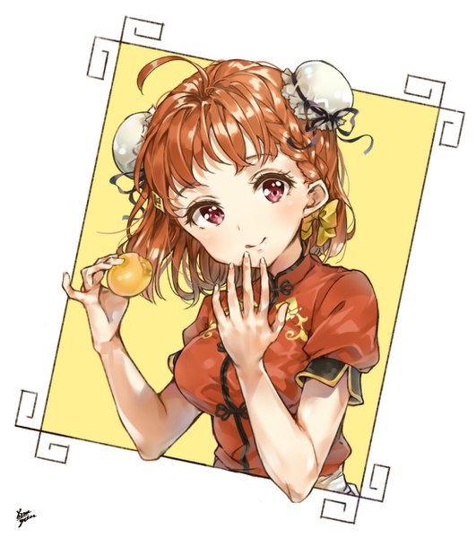 Anime picture 1106x1248 with love live! sunshine!! sunrise (studio) love live! takami chika takenoko no you single tall image looking at viewer blush short hair white background signed upper body ahoge traditional clothes pink eyes orange hair hair bun (hair buns) chinese clothes girl