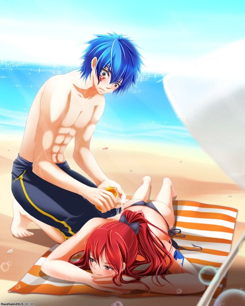 Anime picture 1091x1358 with fairy tail erza scarlet jellal fernandes blackrabbit0626 long hair tall image blush short hair light erotic smile blue hair sky cloud (clouds) ponytail red hair grey eyes tattoo beach striped on stomach