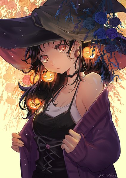 Anime picture 919x1300 with original chachie single long hair tall image looking at viewer fringe black hair standing bare shoulders brown eyes signed payot cleavage upper body long sleeves head tilt off shoulder open clothes sleeves past wrists
