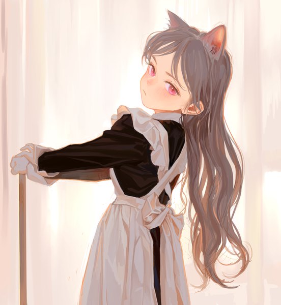 Anime picture 1200x1302 with original feiqizi (fkey) fkey single long hair tall image looking at viewer blush fringe standing animal ears upper body long sleeves head tilt pink eyes grey hair cat ears maid cat girl turning head
