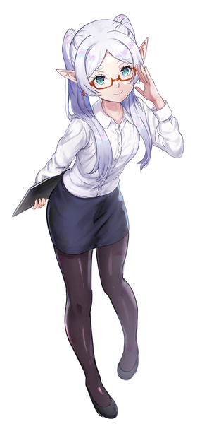 Anime-Bild 1629x3400 mit sousou no frieren frieren nonoa-cg single long hair tall image looking at viewer simple background smile white background twintails green eyes silver hair pointy ears alternate costume elf adjusting glasses bespectacled formal girl
