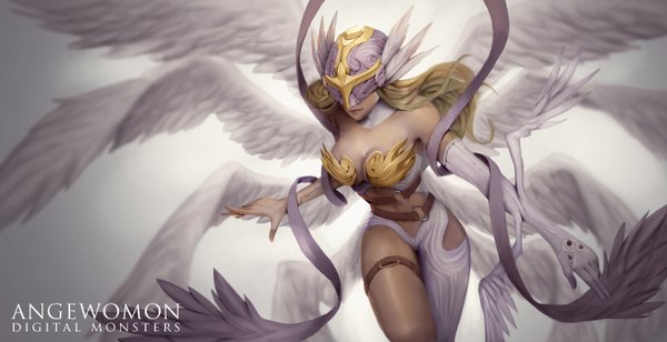 Anime picture 3000x1540 with digimon digimon adventure angewomon neos (artist) single long hair highres light erotic simple background blonde hair wide image bare shoulders from above grey background character names spread arms angel wings asymmetrical clothes multiple wings girl