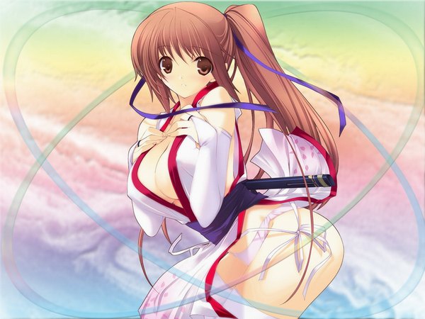 Anime picture 1024x768 with dead or alive kasumi (doa) iizuki tasuku light erotic ribbon (ribbons) rainbow