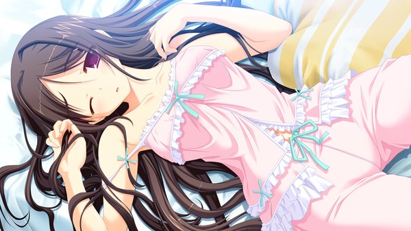 Anime picture 1280x720 with ama ane yashima otome kikurage (plastic people) single long hair open mouth light erotic brown hair wide image purple eyes bare shoulders game cg one eye closed wink on back girl pillow pajamas