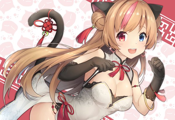 Anime picture 1258x865 with girls frontline mk23 (girls frontline) mk23 (honey flower) (girls frontline) 3.14 single long hair breasts light erotic blonde hair large breasts animal ears cleavage tail traditional clothes animal tail multicolored hair cat ears two-tone hair cat girl cat tail