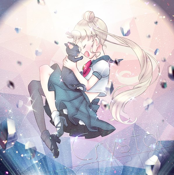 Anime picture 1000x1006 with bishoujo senshi sailor moon toei animation tsukino usagi luna (sailor moon) u lon long hair tall image blush open mouth blonde hair twintails holding animal ears tail eyes closed animal tail pleated skirt cat ears cat tail hair bun (hair buns)