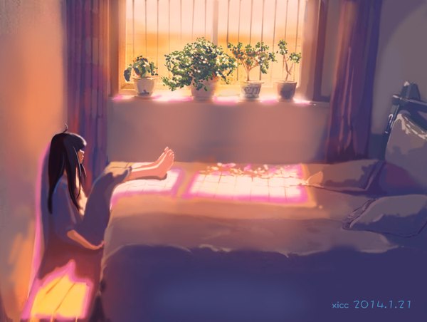 Anime picture 3000x2261 with original xi chen chen single long hair fringe highres black hair sitting signed indoors barefoot shadow dated girl plant (plants) window pillow curtains bedroom