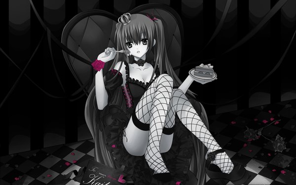 Anime picture 1920x1200 with vocaloid world is mine (vocaloid) hatsune miku nana mikoto single long hair looking at viewer fringe highres light erotic hair between eyes wide image twintails very long hair parted lips text monochrome vector third-party edit checkered floor