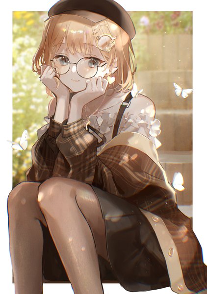 Anime picture 2881x4096 with virtual youtuber hololive hololive english watson amelia oyuyu single tall image looking at viewer fringe highres short hair blue eyes blonde hair smile sitting bare shoulders bent knee (knees) outdoors blunt bangs long sleeves
