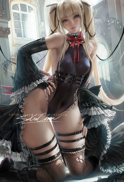 Anime-Bild 684x1000 mit dead or alive dead or alive 5 marie rose sakimichan single long hair tall image looking at viewer fringe breasts blue eyes light erotic blonde hair twintails bare shoulders signed full body indoors blunt bangs head tilt