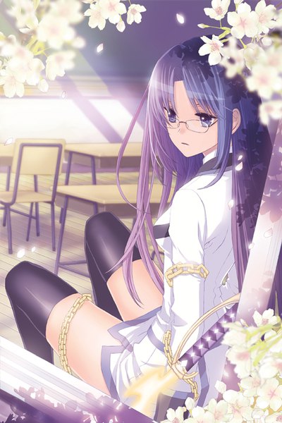 Anime picture 534x800 with original riki (elseeker) single long hair tall image fringe sitting purple eyes payot looking away purple hair bent knee (knees) indoors shadow depth of field cherry blossoms classroom girl thighhighs dress