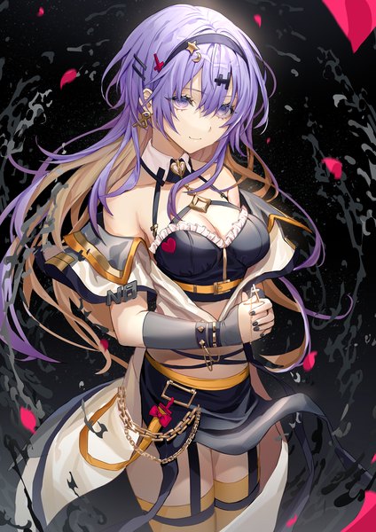 Anime picture 1240x1754 with virtual youtuber hololive hololive indonesia moona hoshinova lloule single long hair tall image looking at viewer fringe breasts simple background smile hair between eyes standing purple eyes bare shoulders cleavage purple hair nail polish