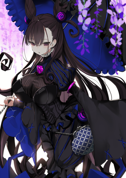 Anime picture 1202x1703 with fate (series) fate/grand order murasaki shikibu (fate) narue single long hair tall image looking at viewer fringe breasts open mouth light erotic black hair hair between eyes large breasts standing purple eyes holding payot wide sleeves