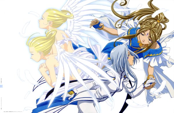 Anime picture 6440x4199 with aa megami-sama anime international company belldandy lind cool mint spear mint highres blonde hair brown hair multiple girls absurdres silver hair ponytail twins girl gloves fingerless gloves 4 girls