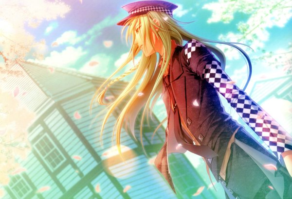Anime picture 5158x3527 with amnesia idea factory ukyo (amnesia) single long hair highres blonde hair absurdres sky cloud (clouds) boy petals necktie