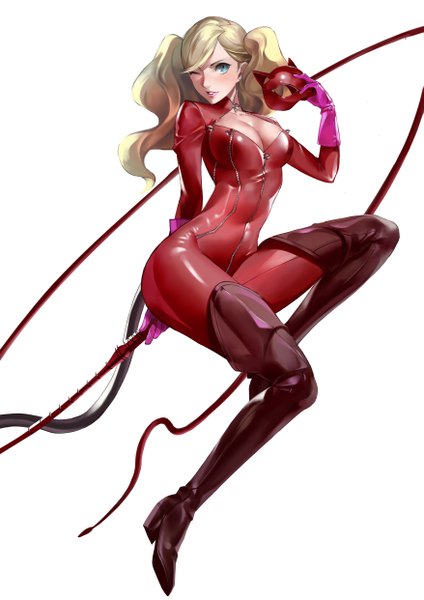 Anime picture 3508x4961 with persona 5 persona takamaki anne jiji (pixiv10646874) single long hair tall image looking at viewer blush fringe highres light erotic simple background blonde hair white background twintails holding absurdres cleavage full body