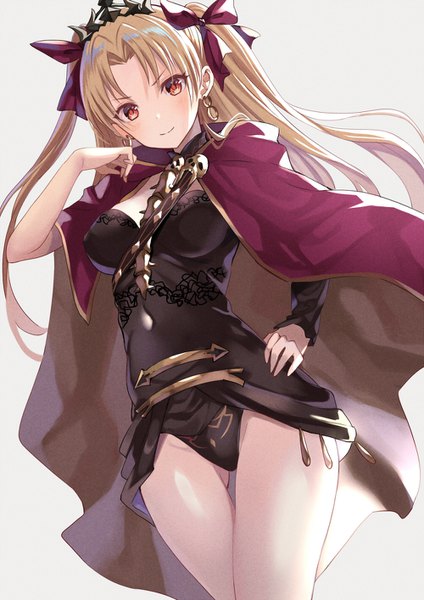 Anime picture 1000x1414 with fate (series) fate/grand order ereshkigal (fate) harimoji single long hair tall image looking at viewer blush fringe breasts light erotic blonde hair simple background red eyes standing light smile grey background from below two side up