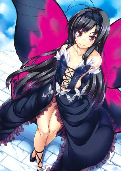 Anime picture 4000x5636 with accel world sunrise (studio) kuroyukihime ichijou hitoshi single long hair tall image highres black hair red eyes bare shoulders absurdres insect wings butterfly wings girl dress gloves elbow gloves hairband