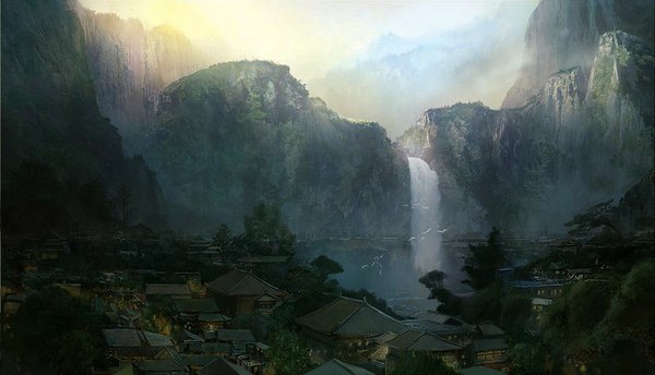 Anime picture 1112x639 with original hyxin wide image sky mountain flying no people landscape nature rock waterfall village plant (plants) animal tree (trees) water window bird (birds) stone (stones) house