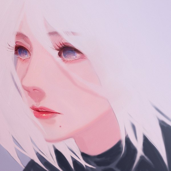 Anime picture 900x900 with nier nier:automata yorha no. 2 type b satsuya single fringe short hair blue eyes hair between eyes looking away white hair lips mole tears close-up face mole under mouth girl