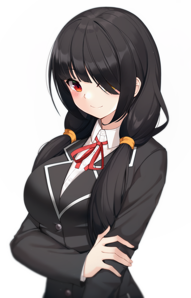 Anime picture 1000x1556 with date a live tokisaki kurumi maemi (maemi12) single long hair tall image looking at viewer blush fringe breasts black hair simple background smile white background twintails yellow eyes payot upper body long sleeves hair over one eye