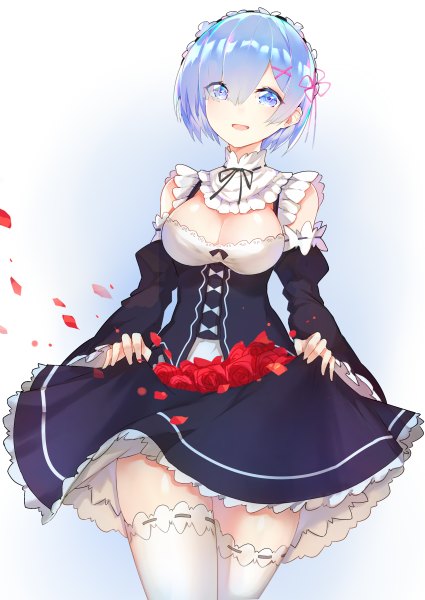 Anime picture 1700x2400 with re:zero kara hajimeru isekai seikatsu white fox rem (re:zero) horz single tall image looking at viewer blush fringe short hair breasts blue eyes light erotic smile hair between eyes large breasts holding blue hair cleavage parted lips