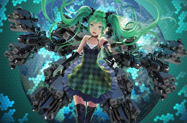 Anime picture 1800x1188 with vocaloid tell your world (vocaloid) hatsune miku salmon88 single long hair looking at viewer highres open mouth twintails green eyes green hair zettai ryouiki checkered girl thighhighs dress gloves elbow gloves microphone