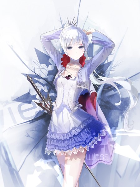 Anime picture 2400x3200 with rwby rooster teeth weiss schnee red flowers single long hair tall image looking at viewer highres blue eyes white hair girl dress weapon sword