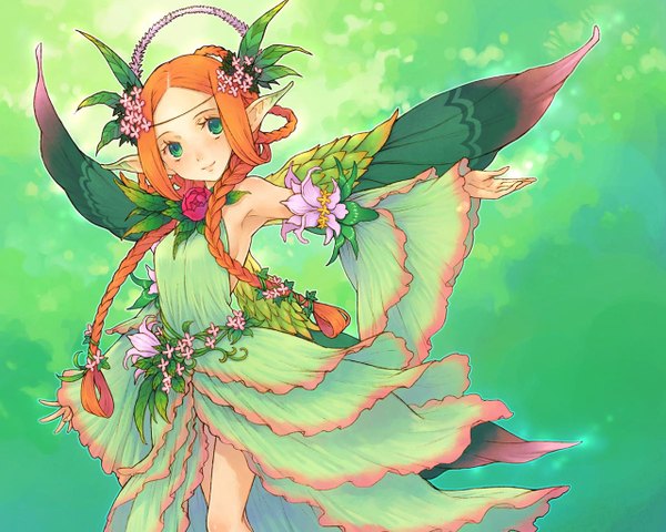 Anime picture 1280x1024 with avalon code mieli (avalon code) haccan single long hair simple background green eyes braid (braids) hair flower light smile pointy ears orange hair elf fantasy girl hair ornament flower (flowers) detached sleeves wings