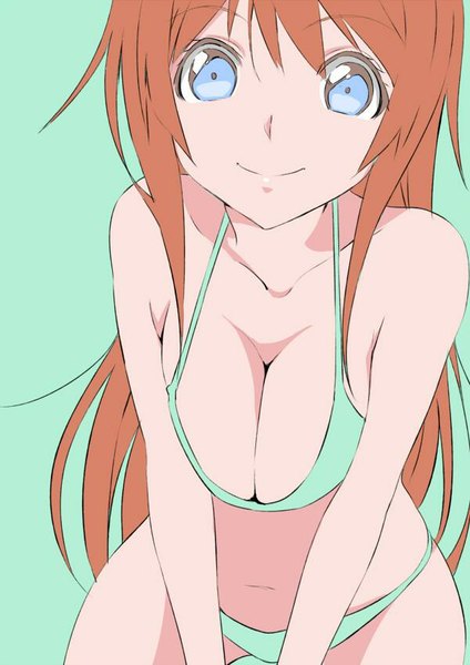 Anime picture 600x849 with saitoyu00 single long hair tall image looking at viewer fringe breasts blue eyes light erotic simple background smile brown hair large breasts cleavage orange hair leaning leaning forward green background breast squeeze girl
