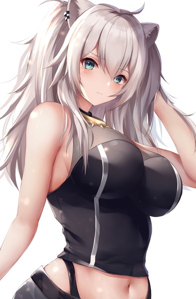 Anime picture 2689x4093 with virtual youtuber hololive shishiro botan shishiro botan (1st costume) kisaki oni single long hair tall image looking at viewer blush fringe highres breasts blue eyes simple background hair between eyes large breasts bare shoulders animal ears payot