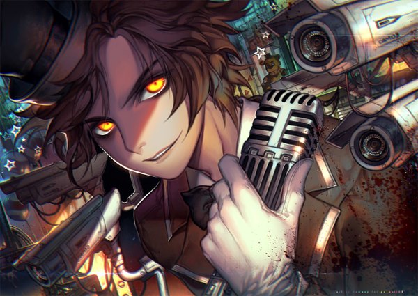 Anime picture 1280x908 with five nights at freddy's freddy fazbear kawacy single looking at viewer short hair smile brown hair yellow eyes parted lips close-up mechanical blood stains boy gloves animal white gloves bowtie star (stars) microphone