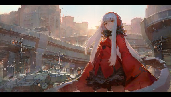 Anime picture 1200x682 with original krenz long hair fringe wide image standing signed sky upper body outdoors white hair blurry inscription wide sleeves orange eyes text city sleeves past wrists letterboxed looking up