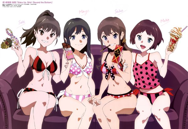 Anime picture 5912x4079 with wake up girls! long hair looking at viewer highres short hair blue eyes light erotic black hair sitting multiple girls brown eyes absurdres ponytail official art girl swimsuit bikini food sweets 4 girls