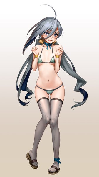 Anime picture 945x1680 with kantai collection kiyoshimo destroyer as109 single long hair tall image looking at viewer blush open mouth blue eyes light erotic hair between eyes grey hair girl thighhighs navel swimsuit bikini
