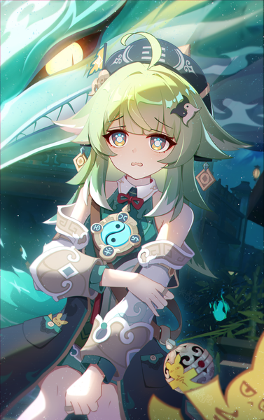 Anime picture 1570x2496 with honkai: star rail honkai (series) huohuo (honkai: star rail) tail (honkai: star rail) zhuchengbi single long hair tall image looking at viewer fringe open mouth sitting bare shoulders green eyes looking away ahoge blunt bangs long sleeves green hair night