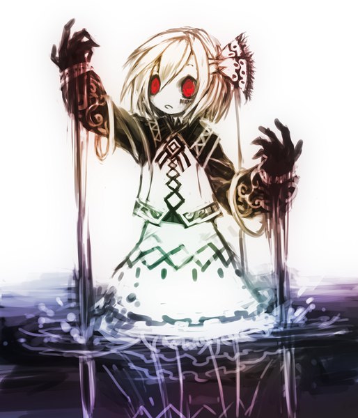 Anime picture 1800x2100 with touhou rumia spark621 single tall image fringe highres short hair open mouth simple background blonde hair hair between eyes red eyes standing white background looking away upper body long sleeves arm up partially submerged
