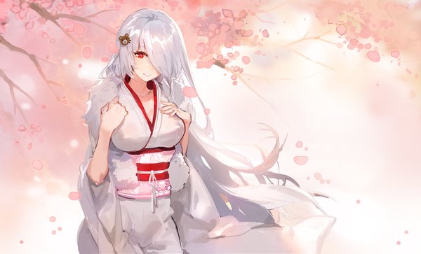 Anime picture 1680x1018 with original kishiyo single long hair fringe red eyes wide image white hair traditional clothes japanese clothes hair over one eye cherry blossoms girl plant (plants) petals tree (trees) kimono obi