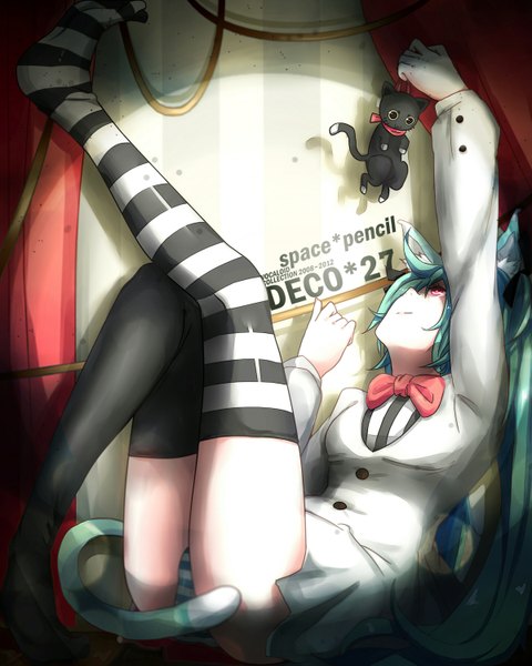 Anime picture 2400x3000 with vocaloid hatsune miku suppakarn prakobkij single long hair tall image fringe highres light erotic smile holding animal ears tail animal tail cat ears aqua hair cat tail alternate costume looking up reclining